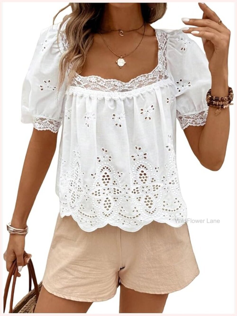 Square Neck Puff Sleeve Eyelet Lace Hollow Out Embroidered Blouse